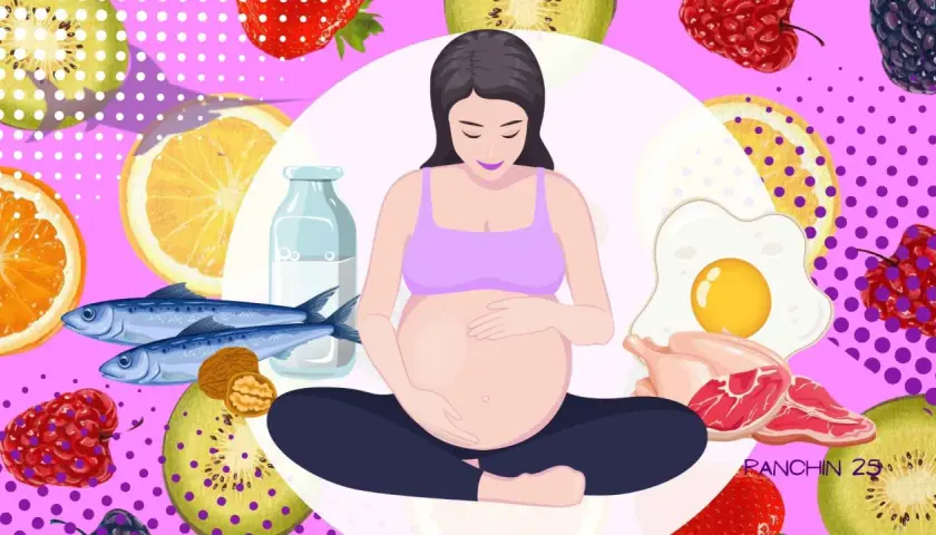 Mujer embarazada rodeada de frutas, pescado y huevos. Se puede comer cuajo en el embarazo, una fuente de proteínas.