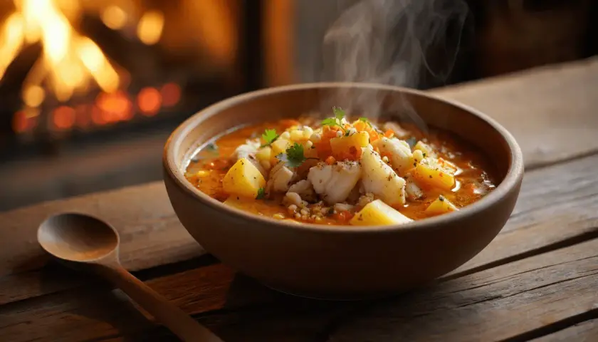 Un reconfortante plato de bacalao al horno humea junto a una chimenea crepitante.
