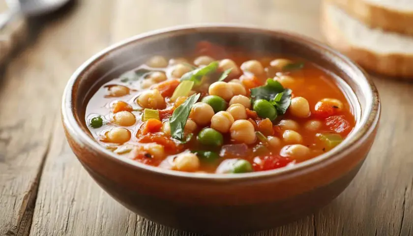 Un reconfortante plato de garbanzos con guisantes y verduras en un cuenco de barro. Una deliciosa receta de garbanzos para el alma.