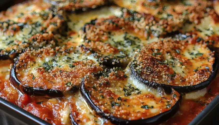 Berenjena a la parmigiana recién horneada, con capas de berenjena, salsa de tomate y queso derretido, cubierta con pan rallado y hierbas.