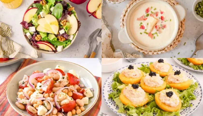 Deliciosas comidas frescas para el verano: ensalada de manzana y queso, sopa cremosa, ensalada de legumbres y melocotones rellenos.