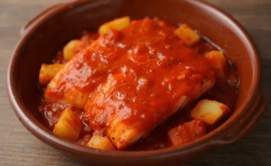 Bacalao a la riojana jugoso con salsa tradicional