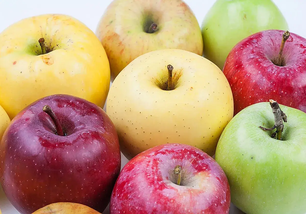 Variedad de manzana tipos: rojas, verdes y amarillas, dispuestas en un grupo.