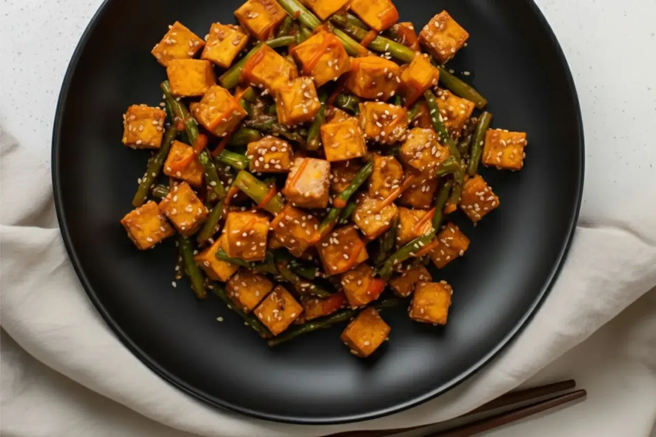 Salteado de verduras con cubos de tofu dorado y semillas de sésamo.