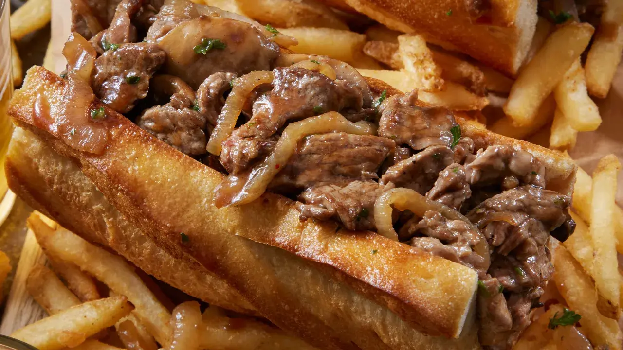 Un delicioso pepito de ternera con cebolla caramelizada, servido en pan crujiente y acompañado de patatas fritas doradas.