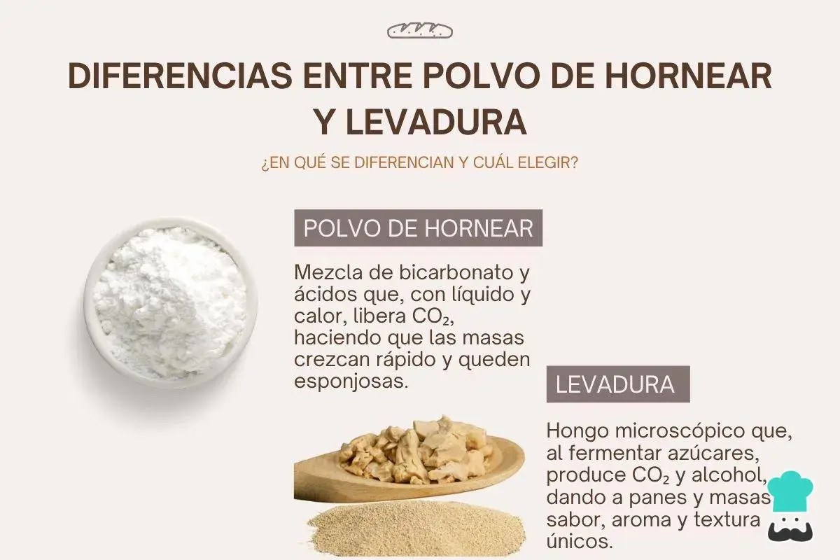 Comparativa visual de polvo de hornear y levadura, explicando la diferencia entre levadura fresca y seca y sus usos en repostería.