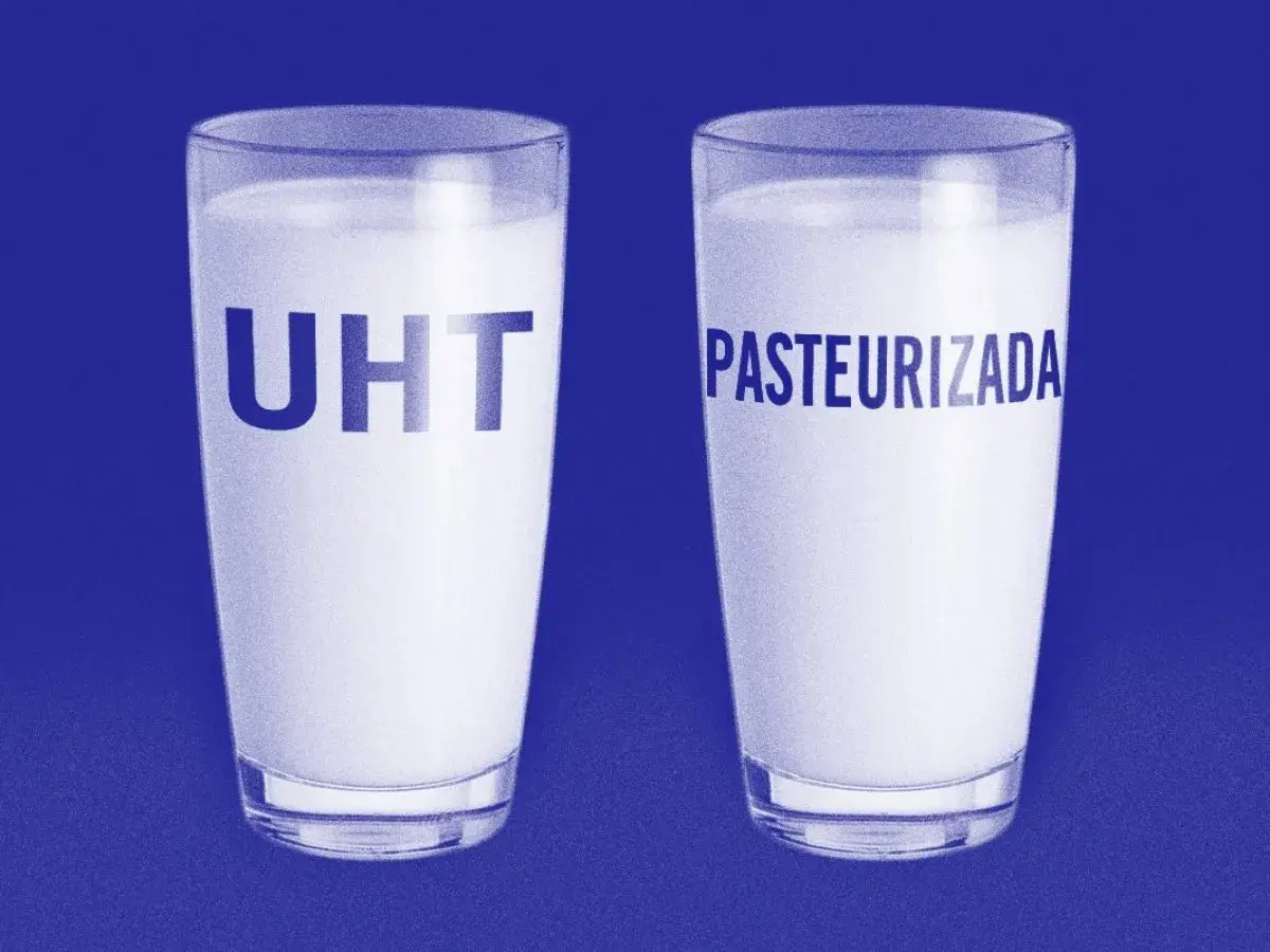 Dos vasos de leche, uno etiquetado "UHT" y otro "PASTEURIZADA", mostrando que la leche fresca está pasteurizada.