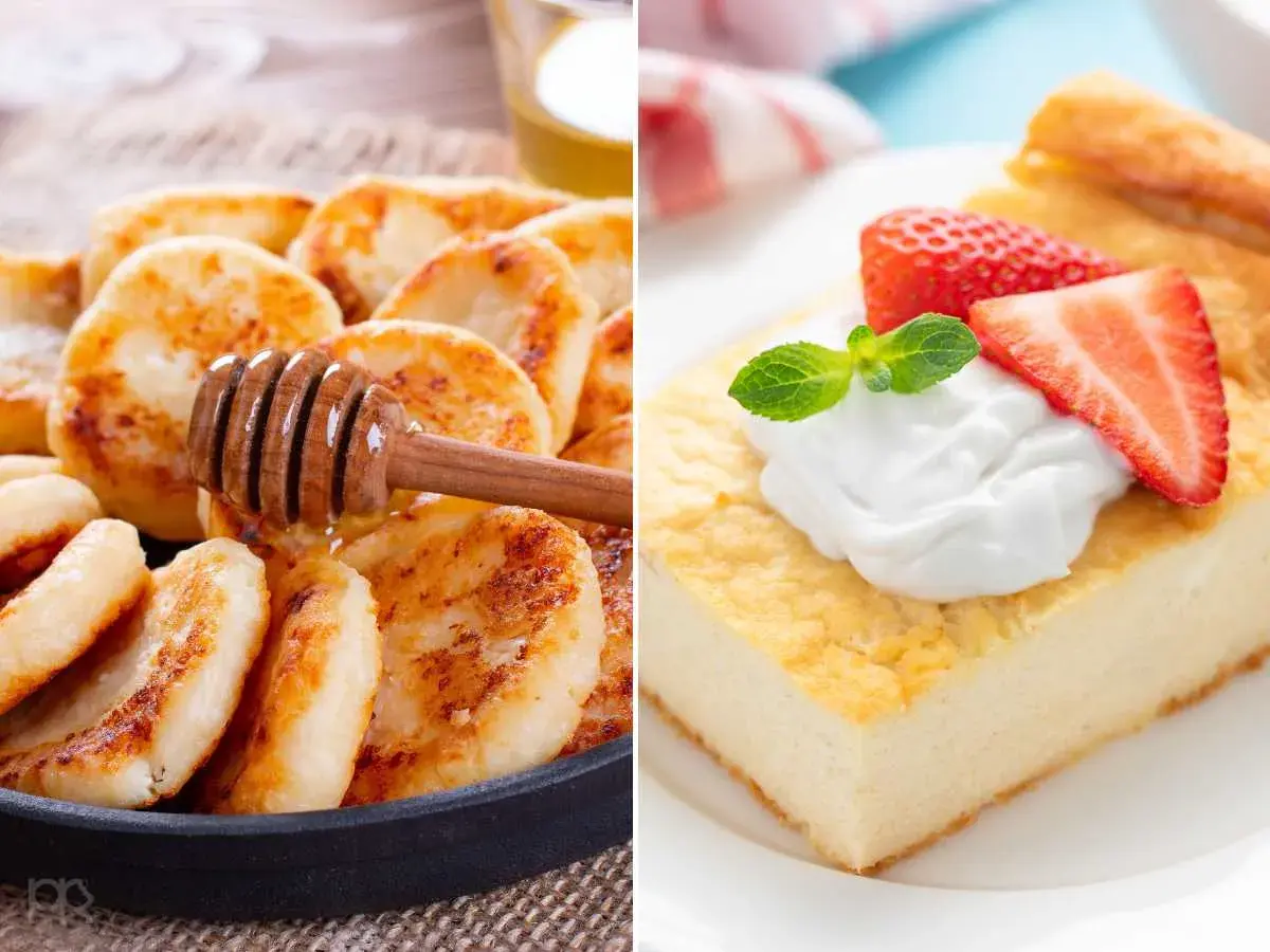 Deliciosas tortitas de queso cottage doradas con miel y un trozo de tarta de queso con fresas. ¡Ideas para recetas con queso cottage!