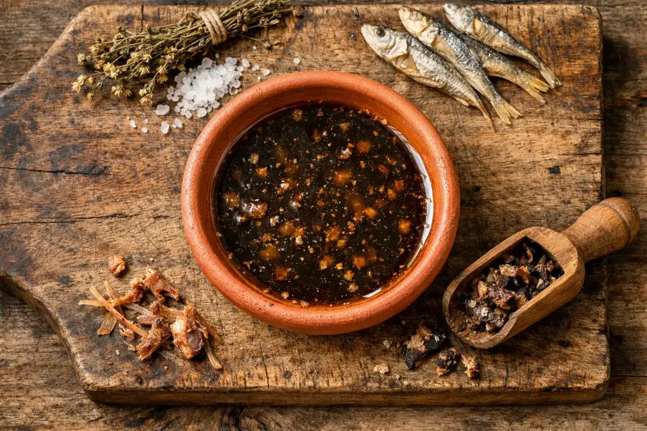 Un tazón de garum, salsa de pescado fermentado, junto a pescado seco, hierbas y sal. Así se elaboraba el garum que es.