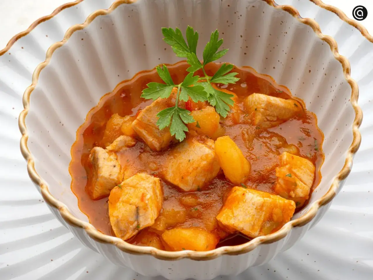 Un delicioso marmitako de bonito con patatas y pimientos en una cazuela, adornado con perejil fresco.
