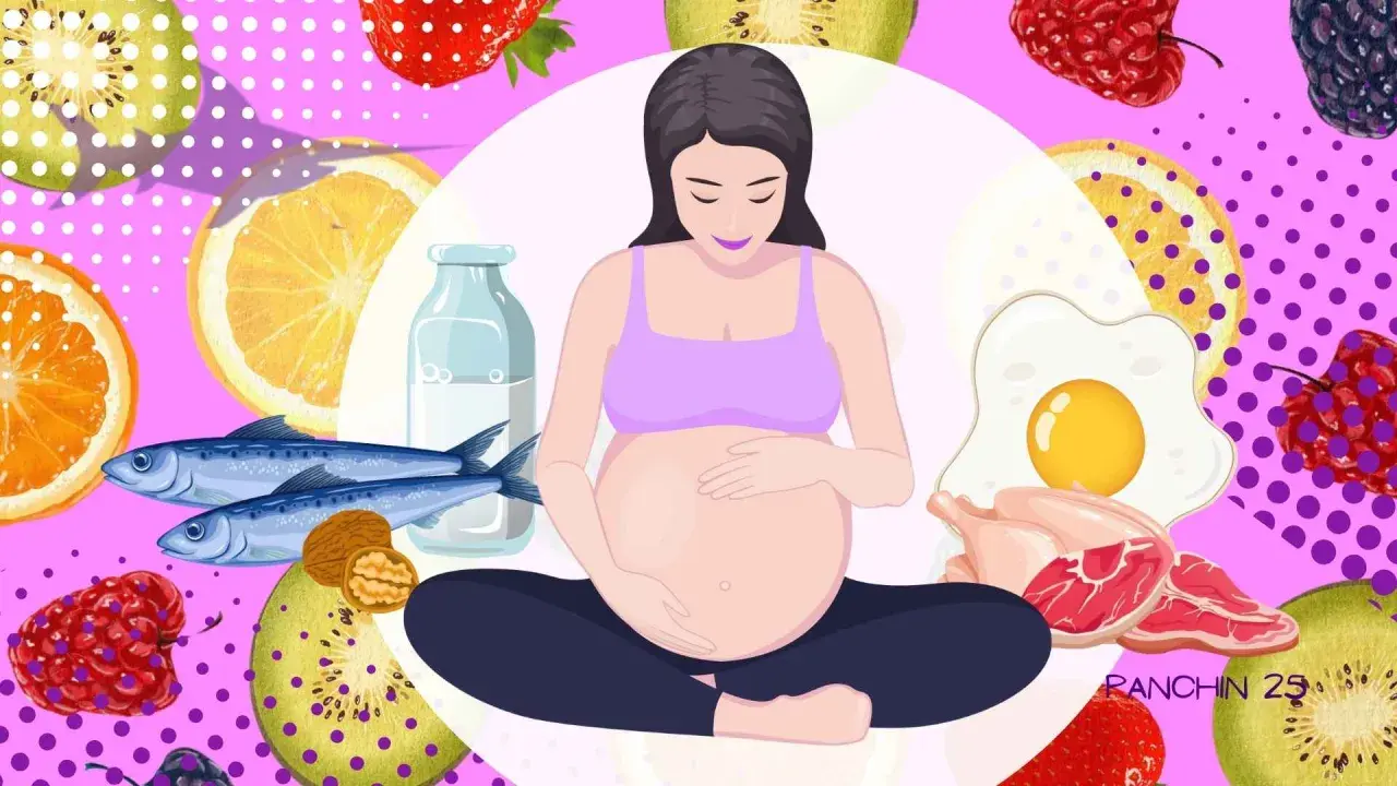 Mujer embarazada rodeada de frutas, pescado y huevos. Se puede comer cuajo en el embarazo, una fuente de proteínas.
