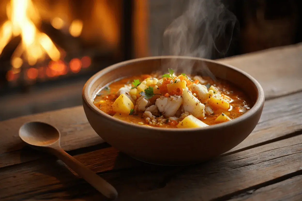 Un reconfortante plato de bacalao al horno humea junto a una chimenea crepitante.