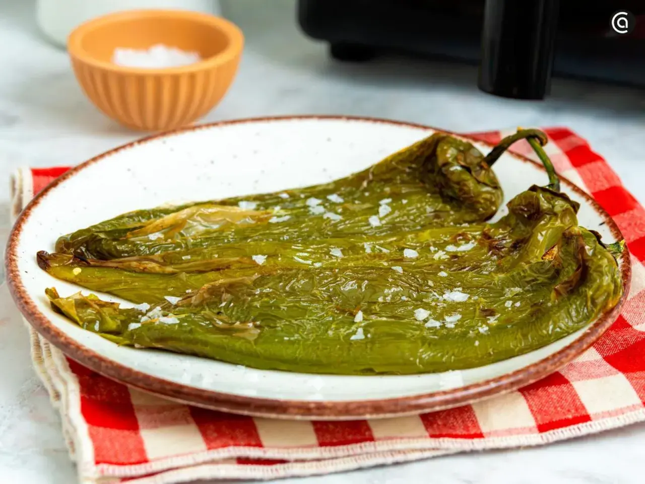 Dos pimientos verdes fritos, salpicados de sal gruesa, reposan en un plato blanco con borde marrón. Un paño a cuadros rojos y blancos y un cuenco de sal completan la escena.