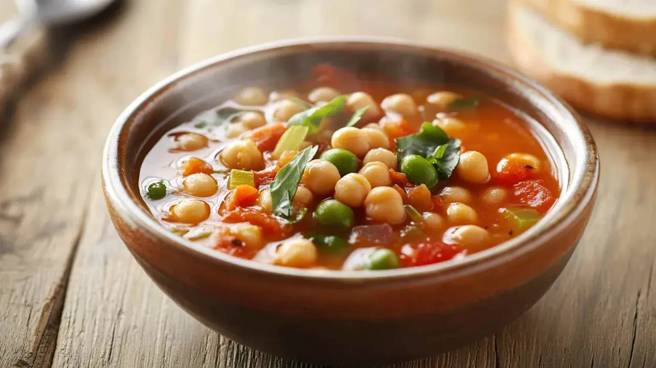 Un reconfortante plato de garbanzos con guisantes y verduras en un cuenco de barro. Una deliciosa receta de garbanzos para el alma.