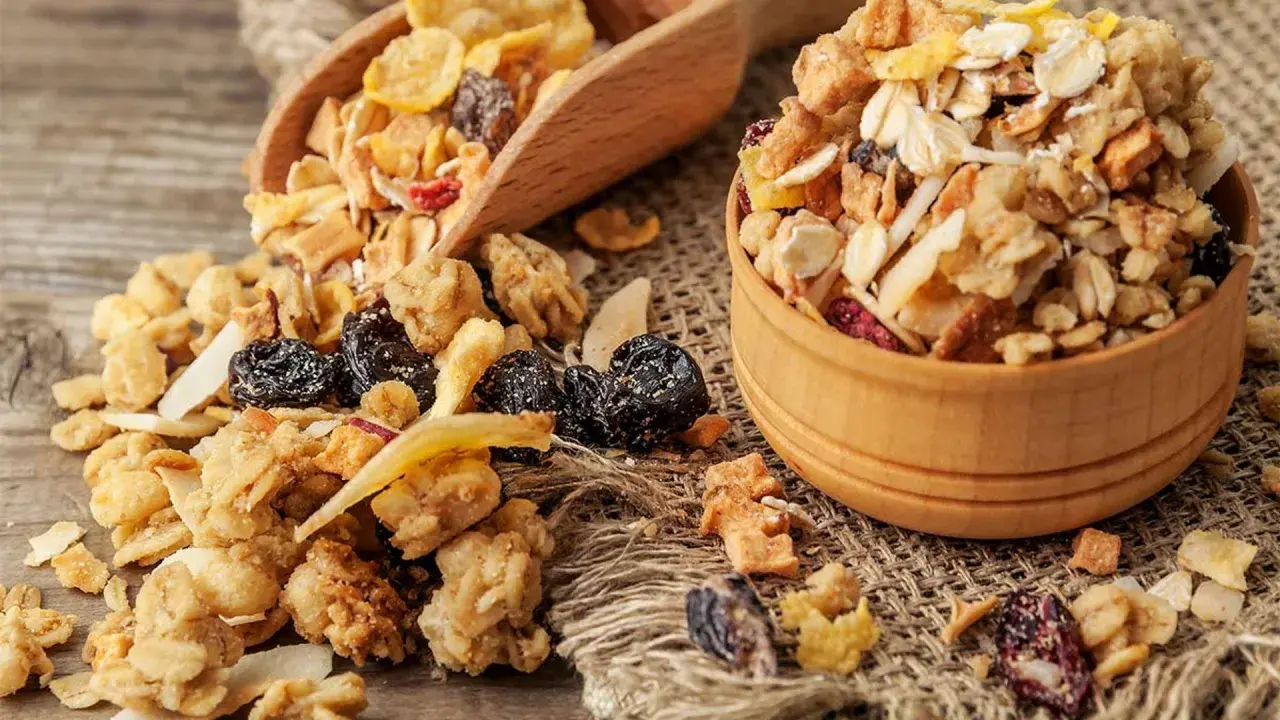 Un tazón de madera lleno de muesli, una mezcla de avena, frutos secos y cereales. El muesli es un desayuno saludable y energético.