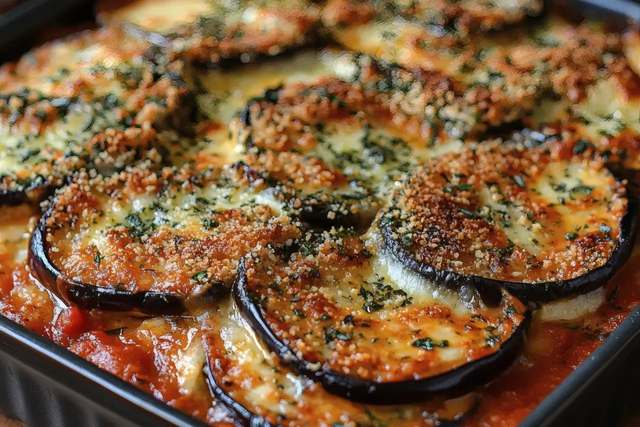 Berenjena a la parmigiana recién horneada, con capas de berenjena, salsa de tomate y queso derretido, cubierta con pan rallado y hierbas.