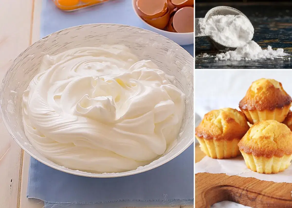 Montaje de reposter&iacute;a: merengue, huevos, polvo blanco (&iquest;qu&eacute; es el cremor t&aacute;rtaro?) y magdalenas doradas.