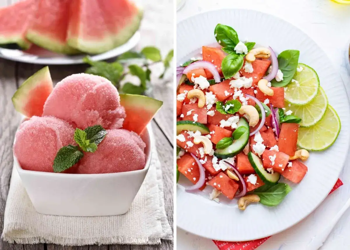 Deliciosas recetas con sand&iacute;a: sorbete rosa refrescante y ensalada veraniega con queso feta y anacardos.
