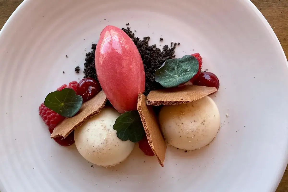 Postre elegante con sorbete de fresa, cremosos domos con notas de haba tonka que es, frambuesas y galletas crujientes.