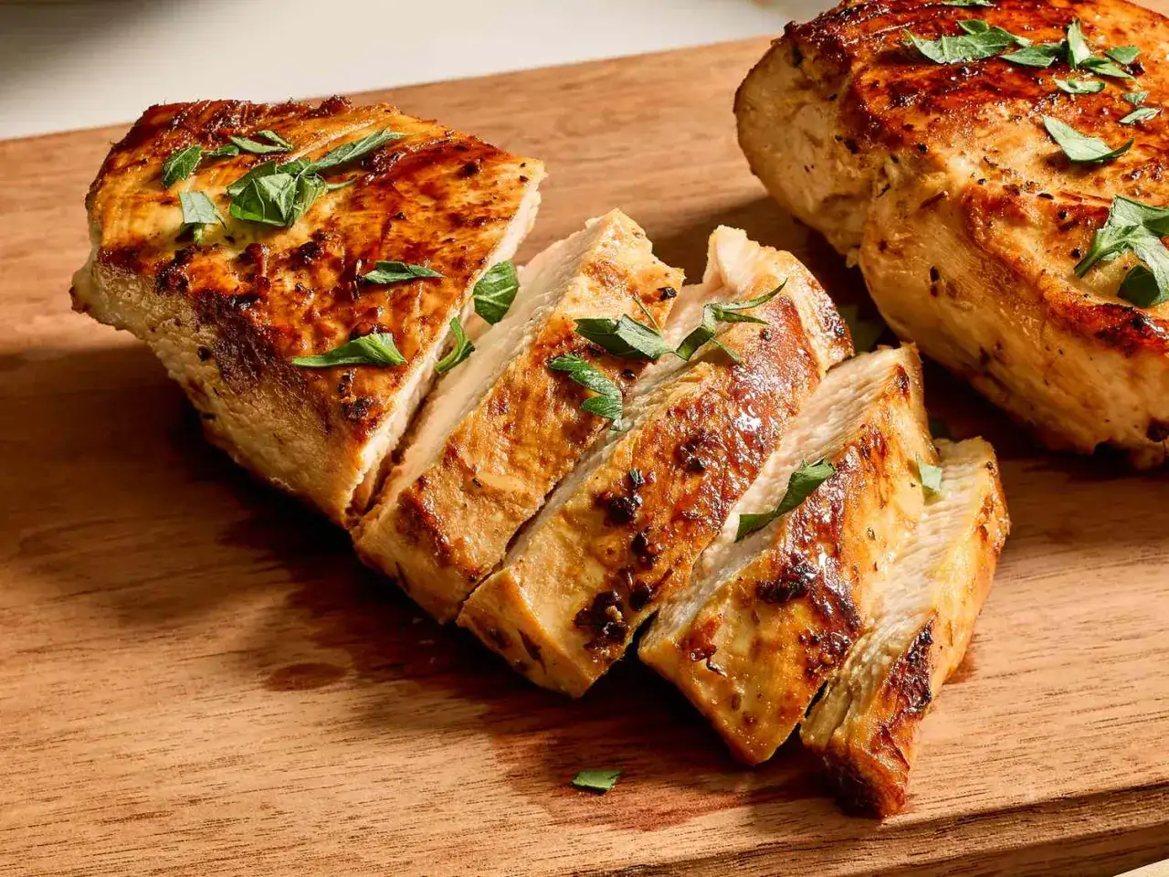 Pechuga de pollo dorada y jugosa, cortada en rodajas y adornada con perejil fresco sobre una tabla de madera.