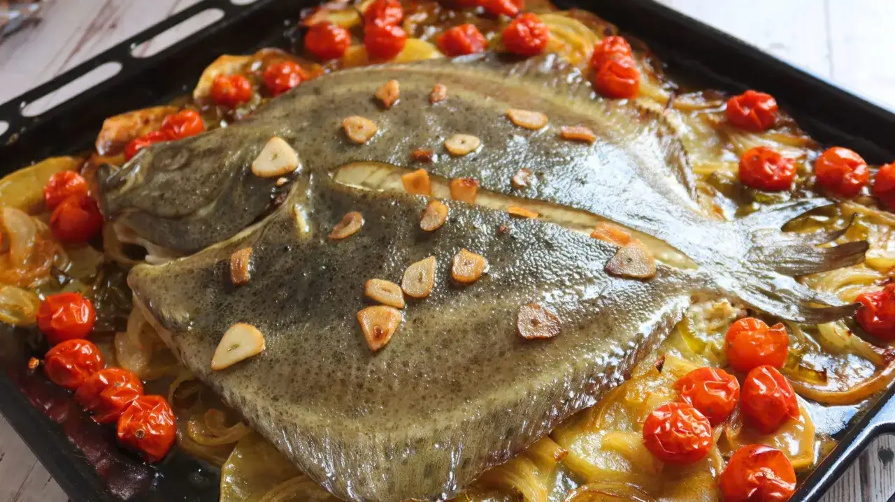 Rodaballo al horno con tomates y ajo, una delicia para tus recetas gourmet.