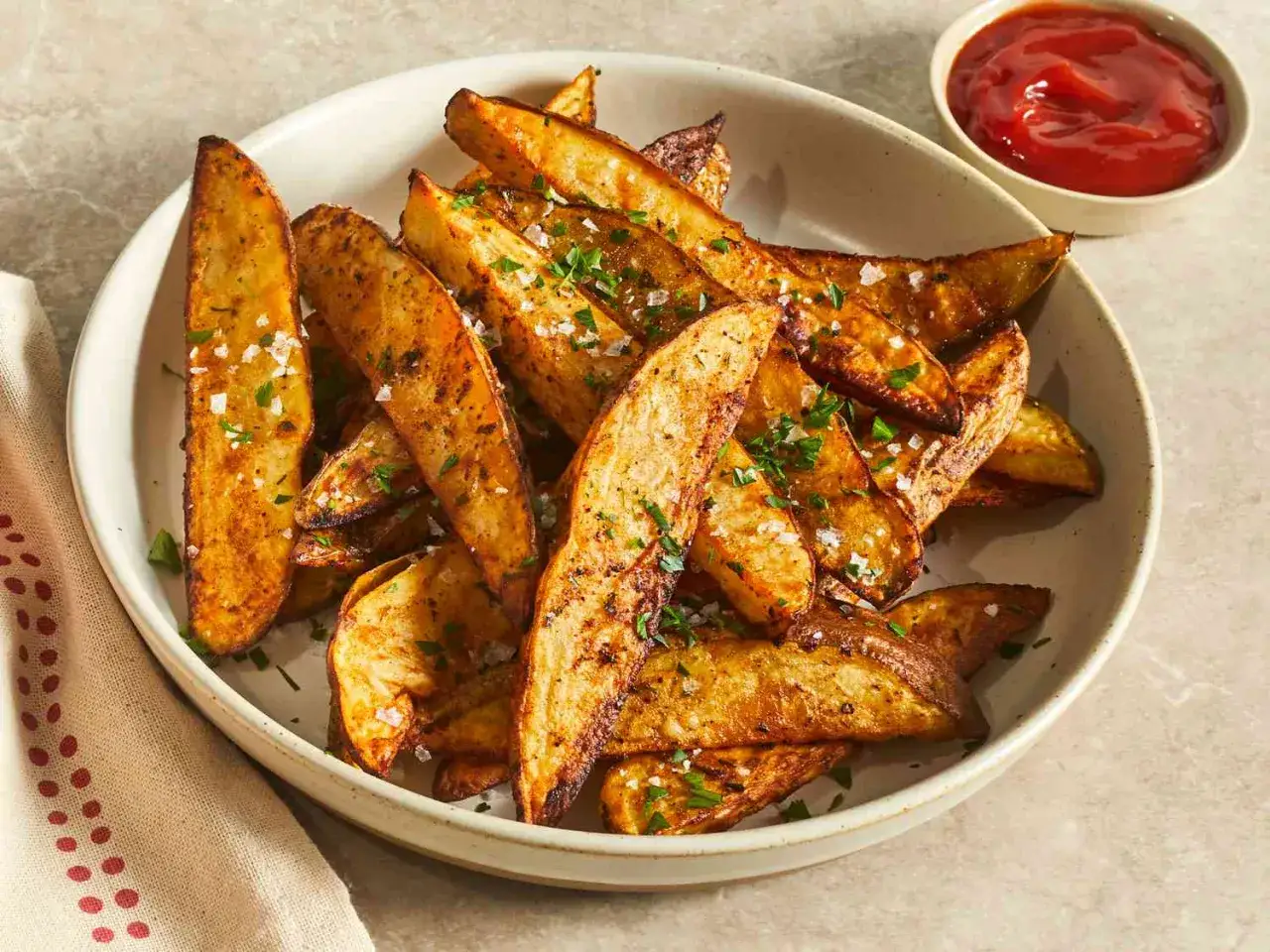 Un plato de patatas gajo doradas y crujientes, espolvoreadas con perejil y sal marina. Al lado, un cuenco con kétchup.