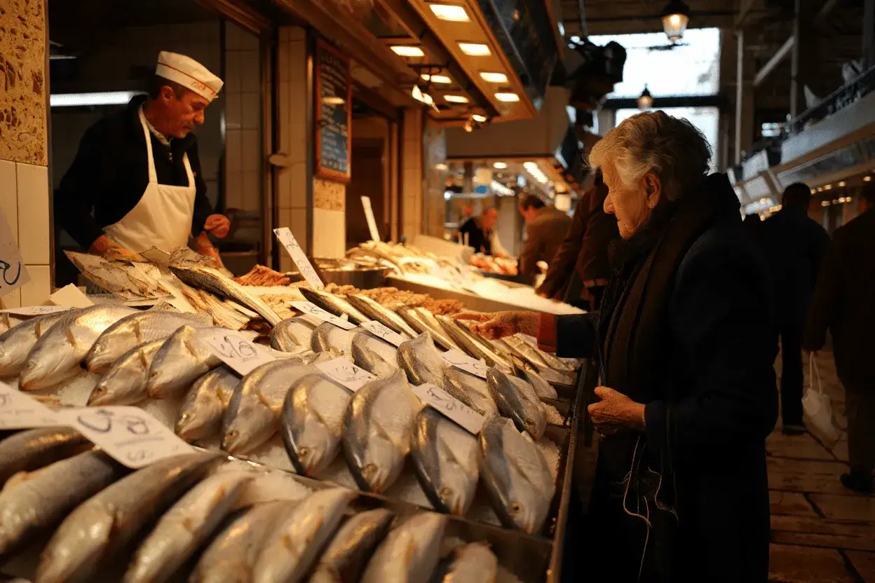 Una mujer elige pescado fresco en un mercado. El bacalao es pescado blanco, no azul, y se ve delicioso.