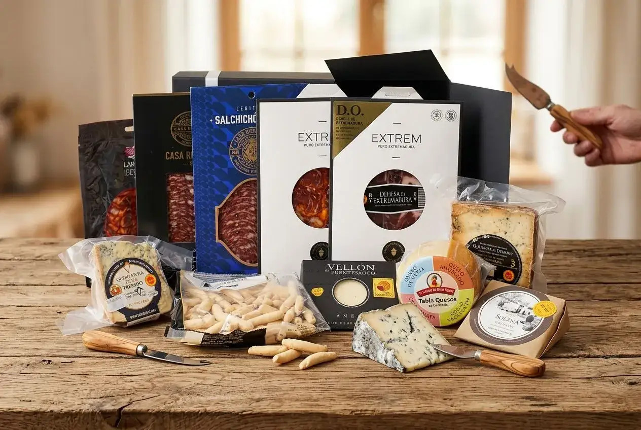 Caja de regalo con quesos, embutidos y picos. Ideas para saber como envolver un queso para regalo y sorprender.
