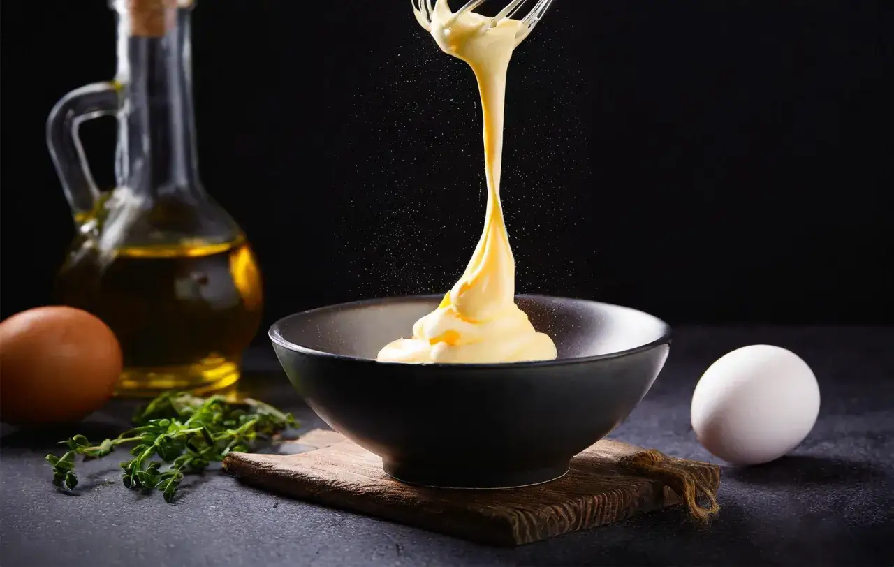 Una batidora crea una cremosa emulsi&oacute;n de mayonesa, con aceite de oliva, huevos y hierbas de fondo.