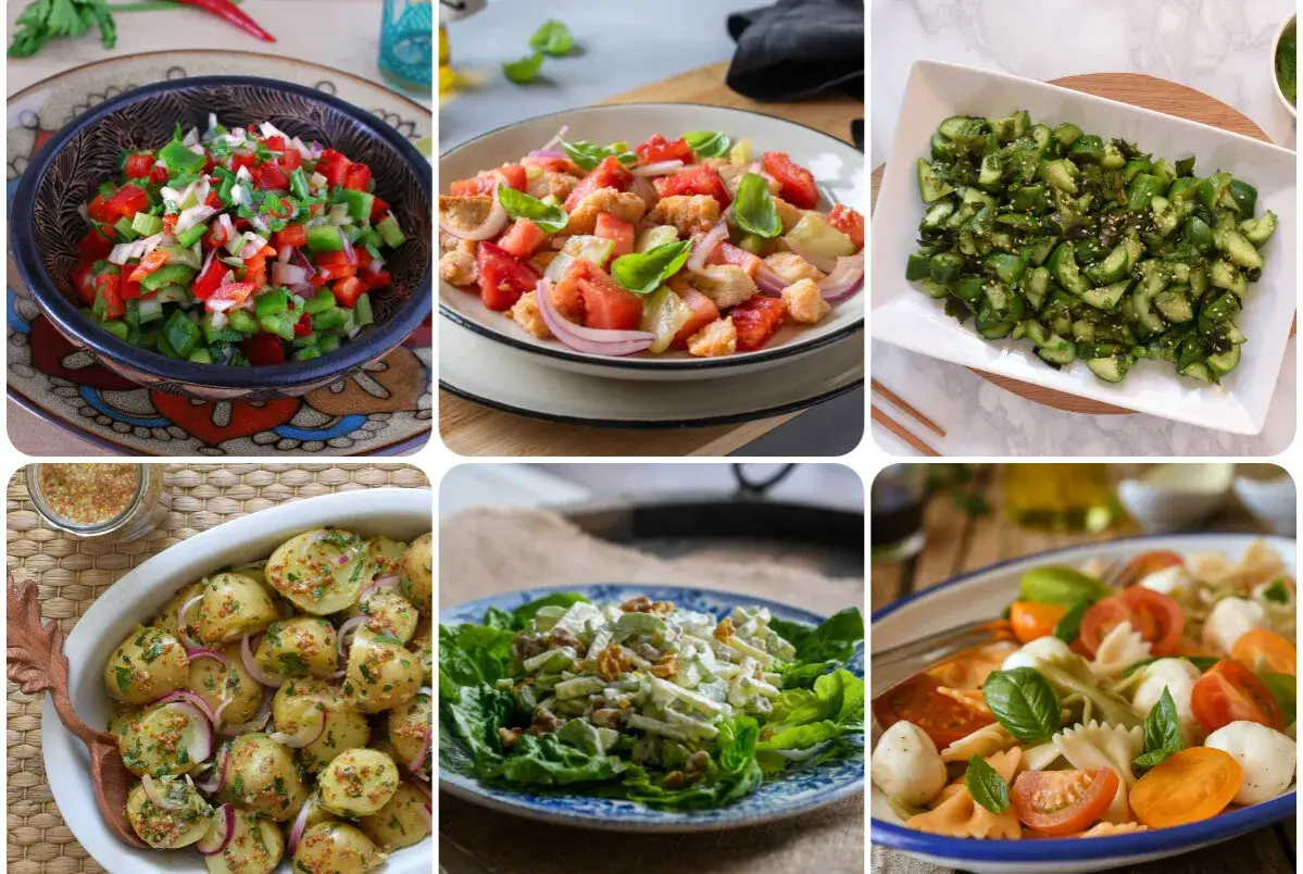 Variedad de tipos de ensaladas: picada de pimientos, panzanella, pepino con sésamo, patatas, apio con nueces y caprese con pasta.
