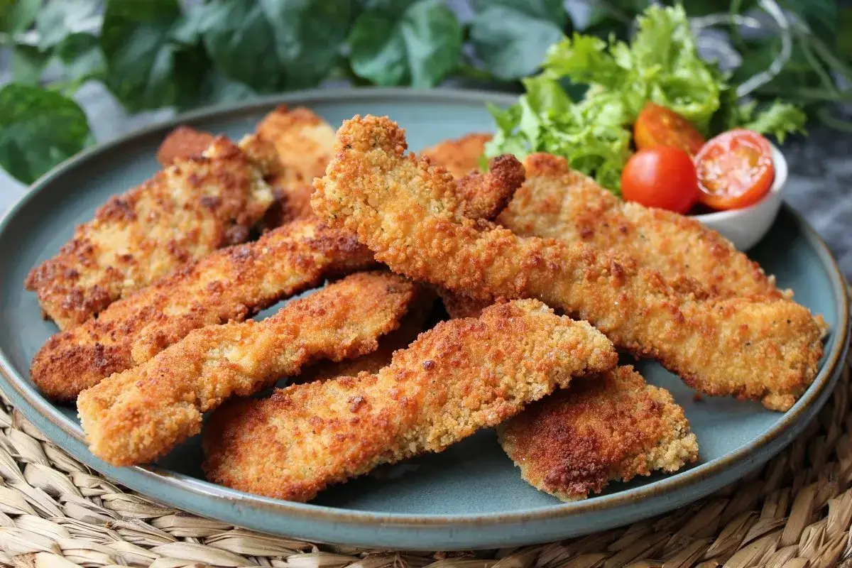 Crujientes fingers de pollo dorados, servidos en un plato azul con una guarnici&oacute;n de lechuga y tomates cherry.