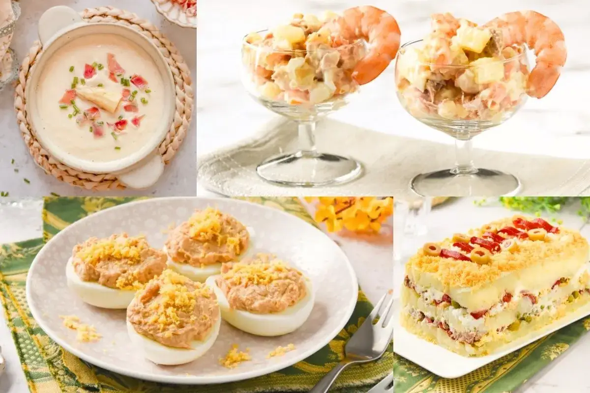Un menú semanal de verano con crema, ensaladilla rusa, huevos rellenos y pastel de patatas.