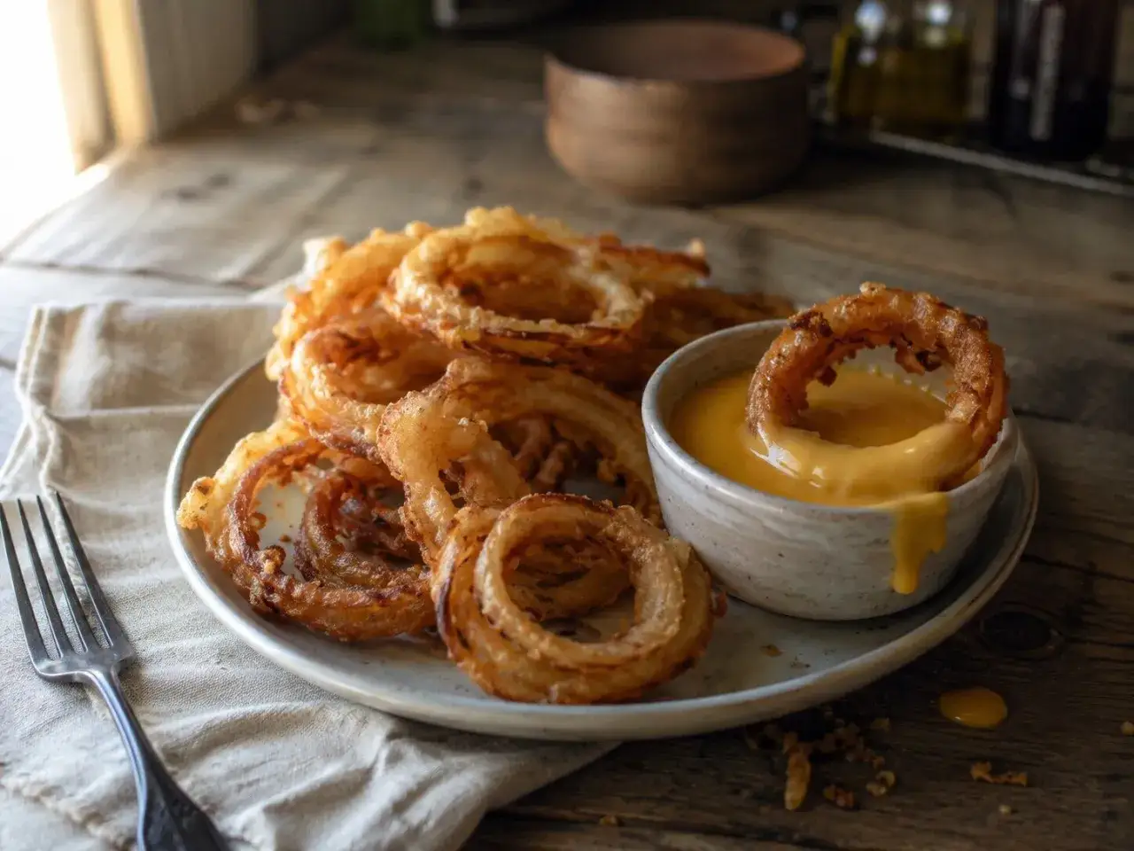 Crujientes aros de cebolla dorados, uno sumergido en una cremosa salsa de queso. ¡Un placer irresistible!