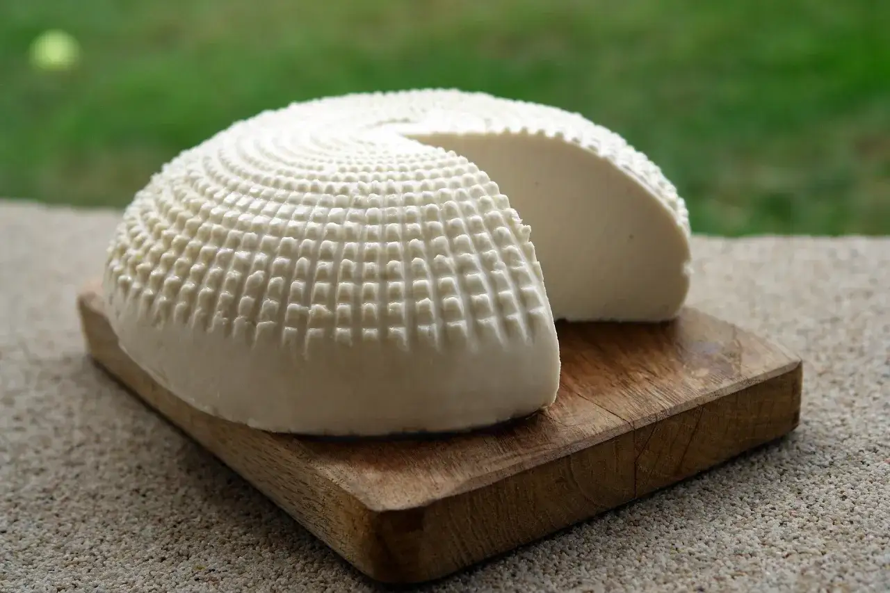 Queso fresco con un patrón de rejilla, que recuerda a cómo se usa el cuajo para hacerlo.